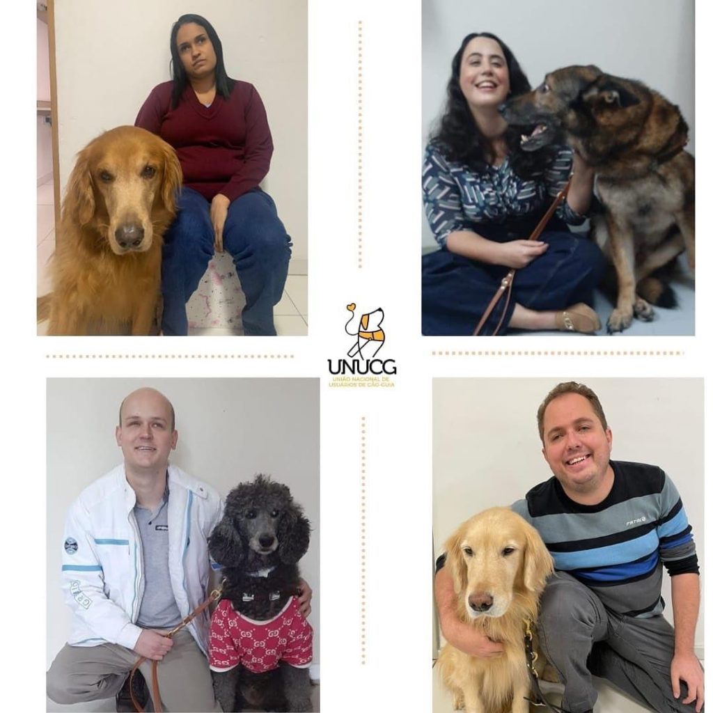 A imagem está dividida em quatro quadros. No canto superior esquerdo estão Giselle e seu golden retriever Clancy, no canto superior direito estão Maria e seu pastor alemão Spirit, no canto inferior esquerdo estão Ricardo e sua poodle standard Marilynn, e no canto inferior direito estão Thiago e sua Golden retriever Mellie. No centro da imagem na junção das quatro fotos está a logo da UNUCG